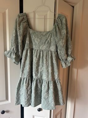 entro Sage Green Eyelet Puff-Sleeve Mini Dress